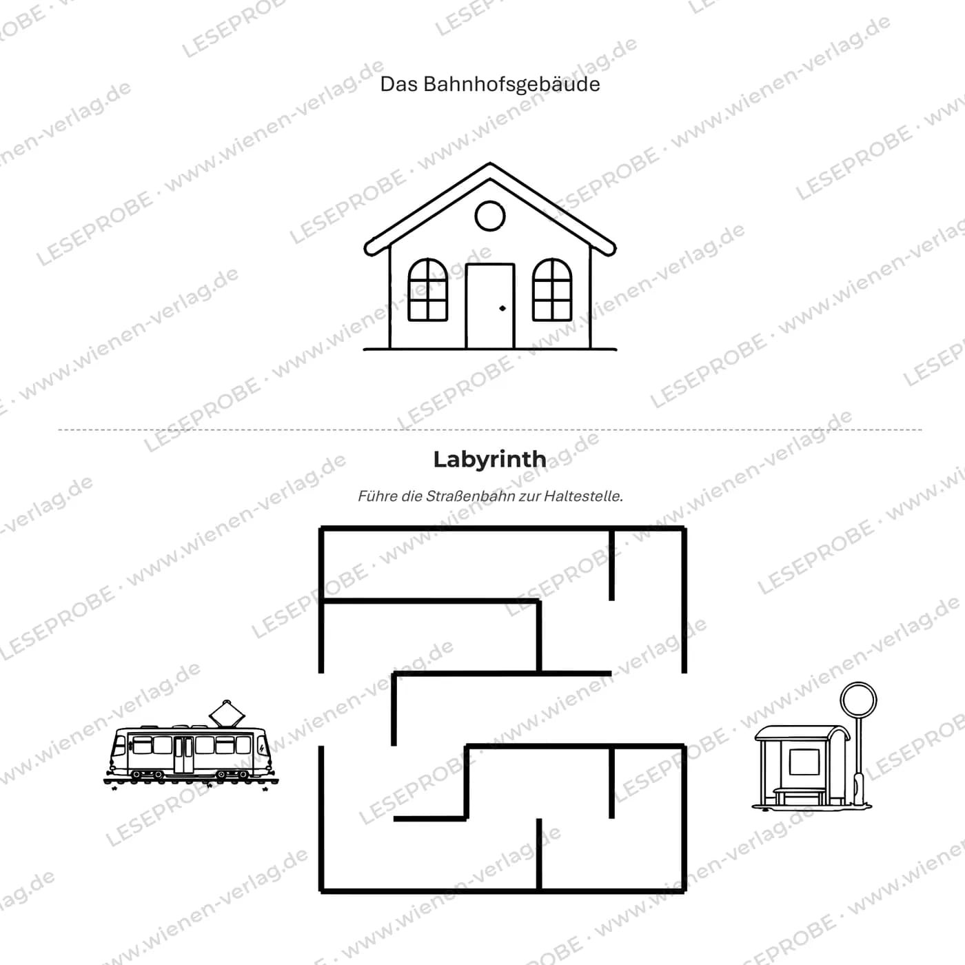 Aufgabenseite (Labyrinth) aus „Mein großes Eisenbahn-Malbuch ab 3 Jahren“