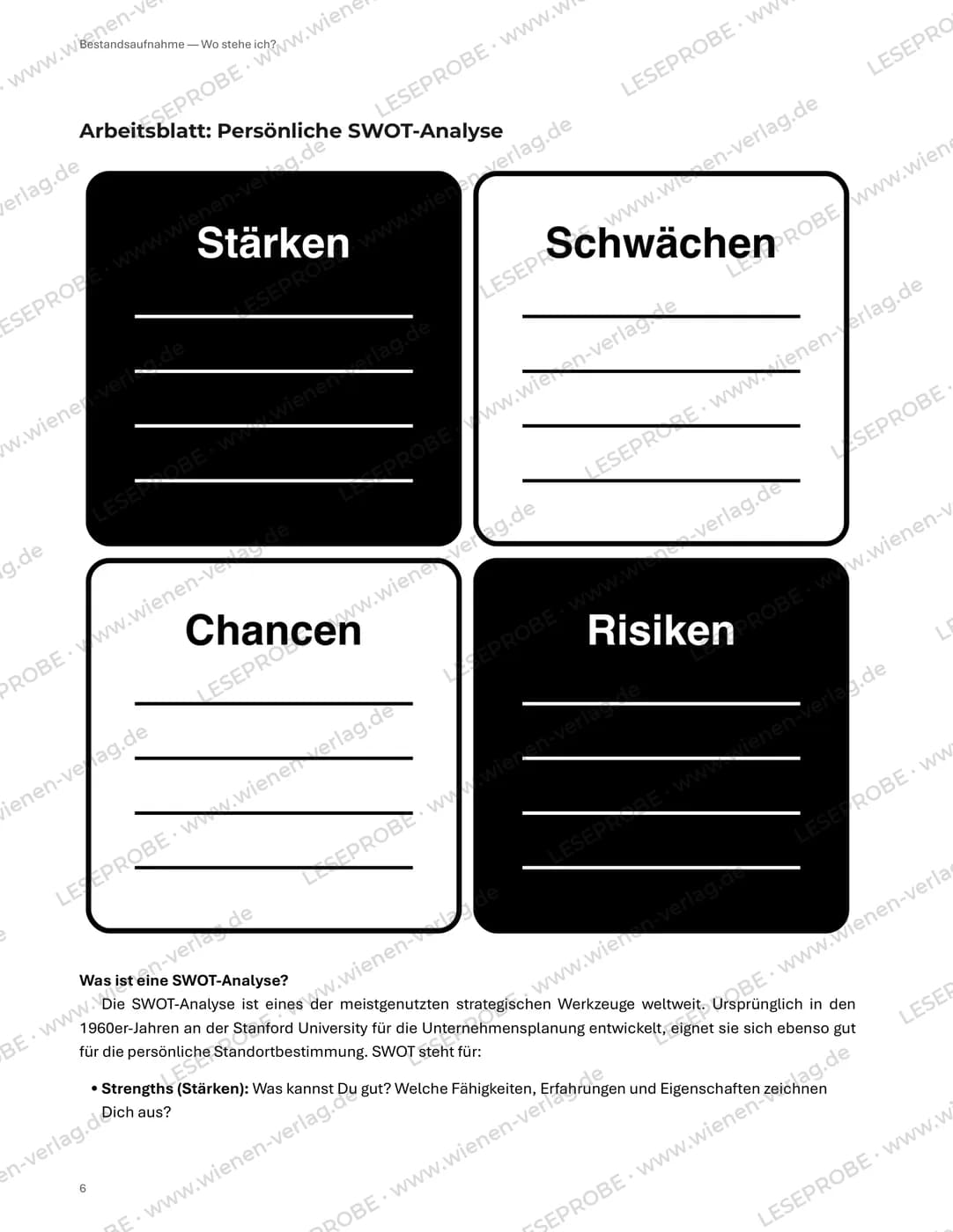 Arbeitsblatt SWOT-Analyse aus „Kurs wechseln – Das Arbeitsbuch“