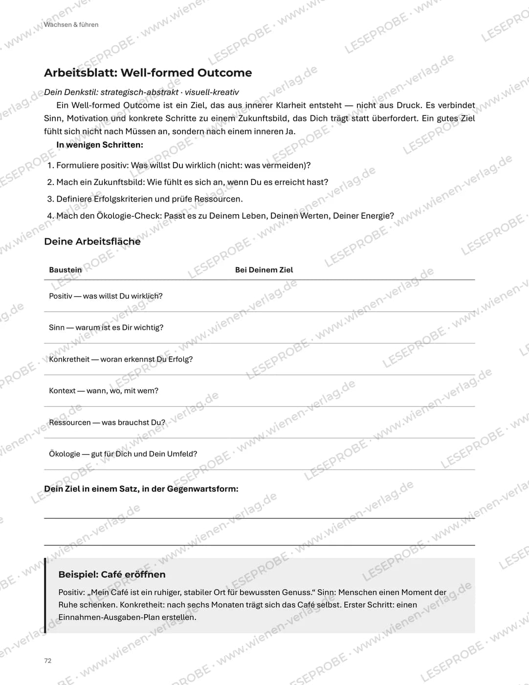 Arbeitsblatt mit Schreibfläche aus „Vom Kopf ins Tun – Das Arbeitsbuch“